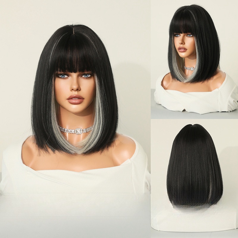 Women Wigs Platinum Short Hair With Black Highlights Fashion Short Straight Wig